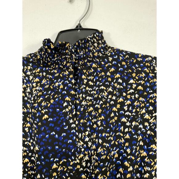 Nanette Lepore Smocked Blue/Yellow Long Sleeve Midi Dress Sz 12 Large High Neck - Picture 7 of 9
